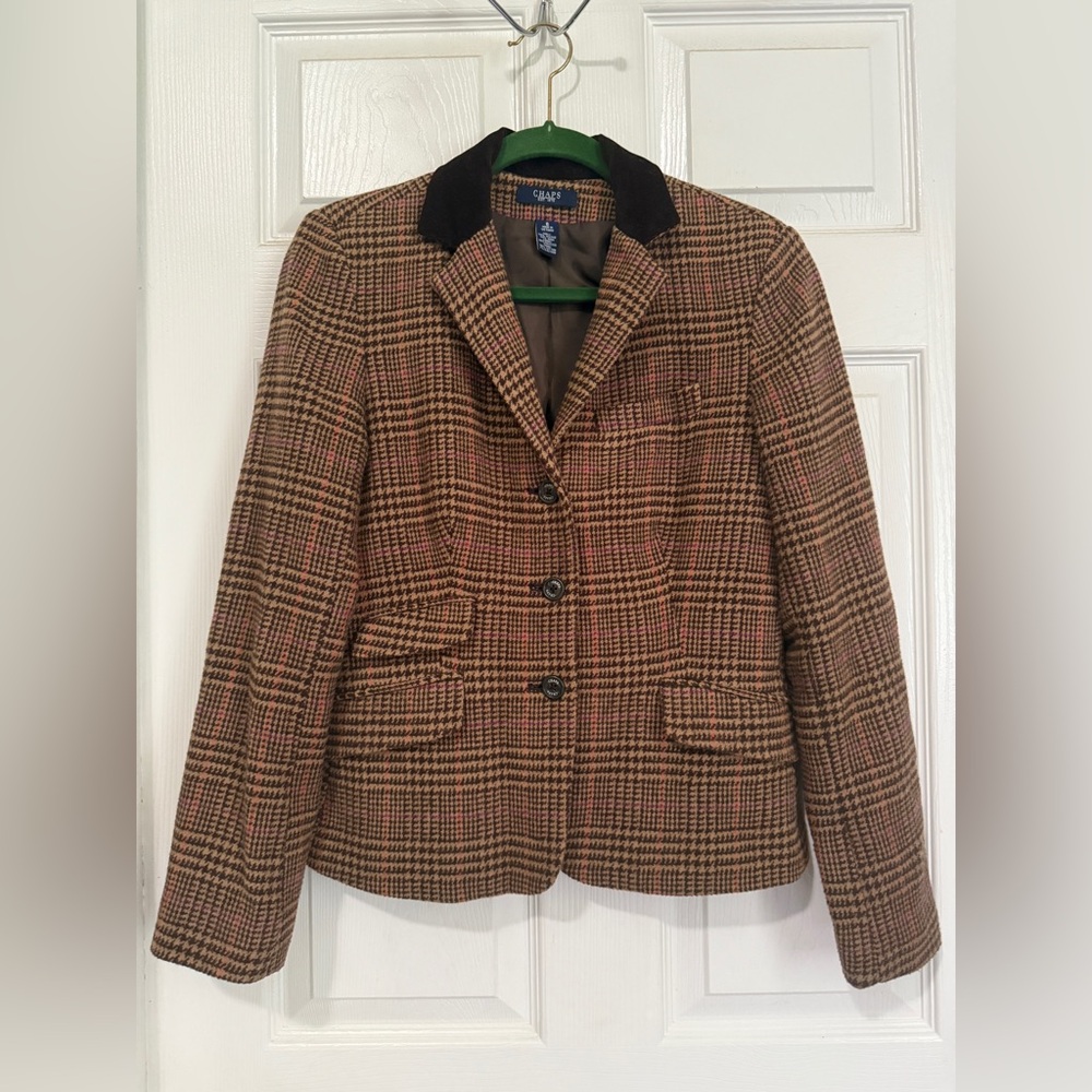 Chaps Women's Brown Houndstooth Blazer Wool Blend SZ 8 Riding Jacket Academia